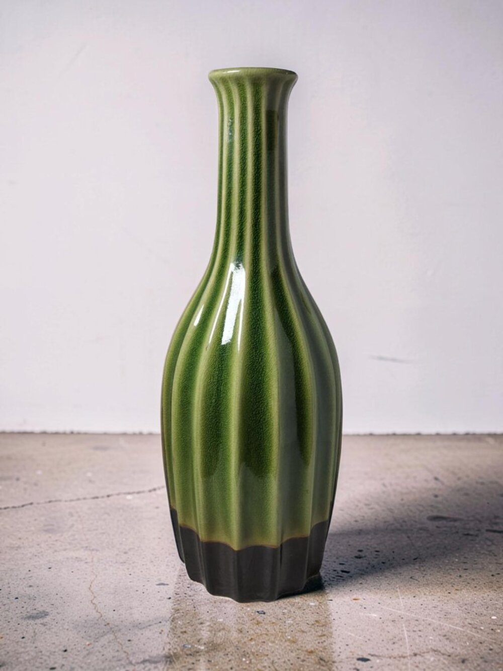 Vintage Dk.Green,Black Heavy Ceramic Ribbed Flanged Lip Vase
